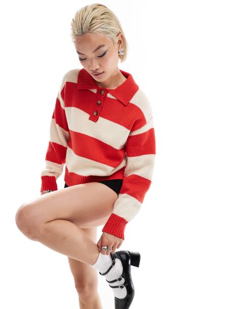 Emory Park button up striped oversized jumper in red and cream - view 1