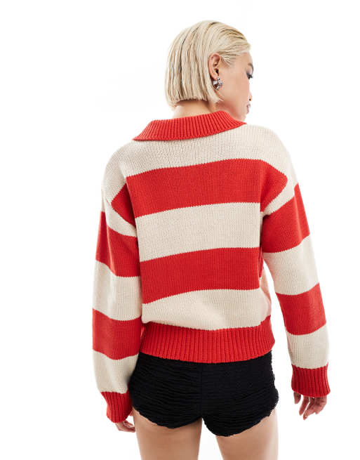 Emory Park button up striped oversized jumper in red and cream ASOS