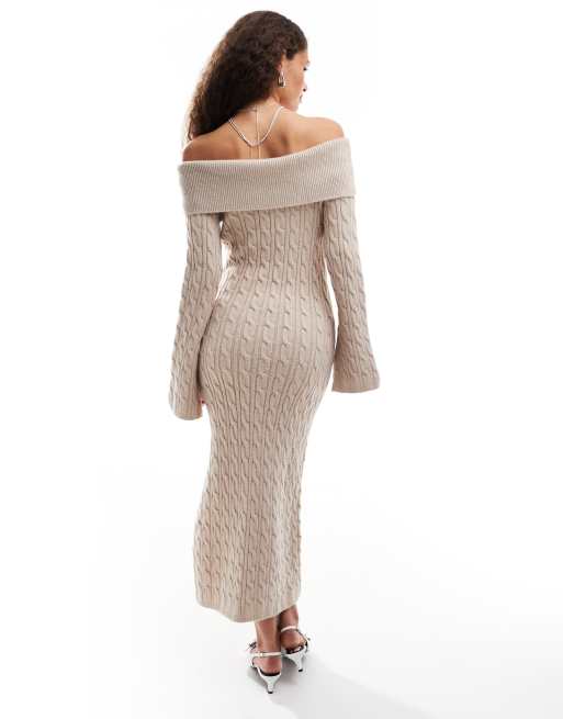 Cable Knit Oatmeal Knit Dress Hollister Off Shoulder Skater Cable