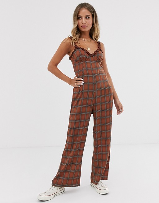Emory Park cami jumpsuit with ruffle straps in check