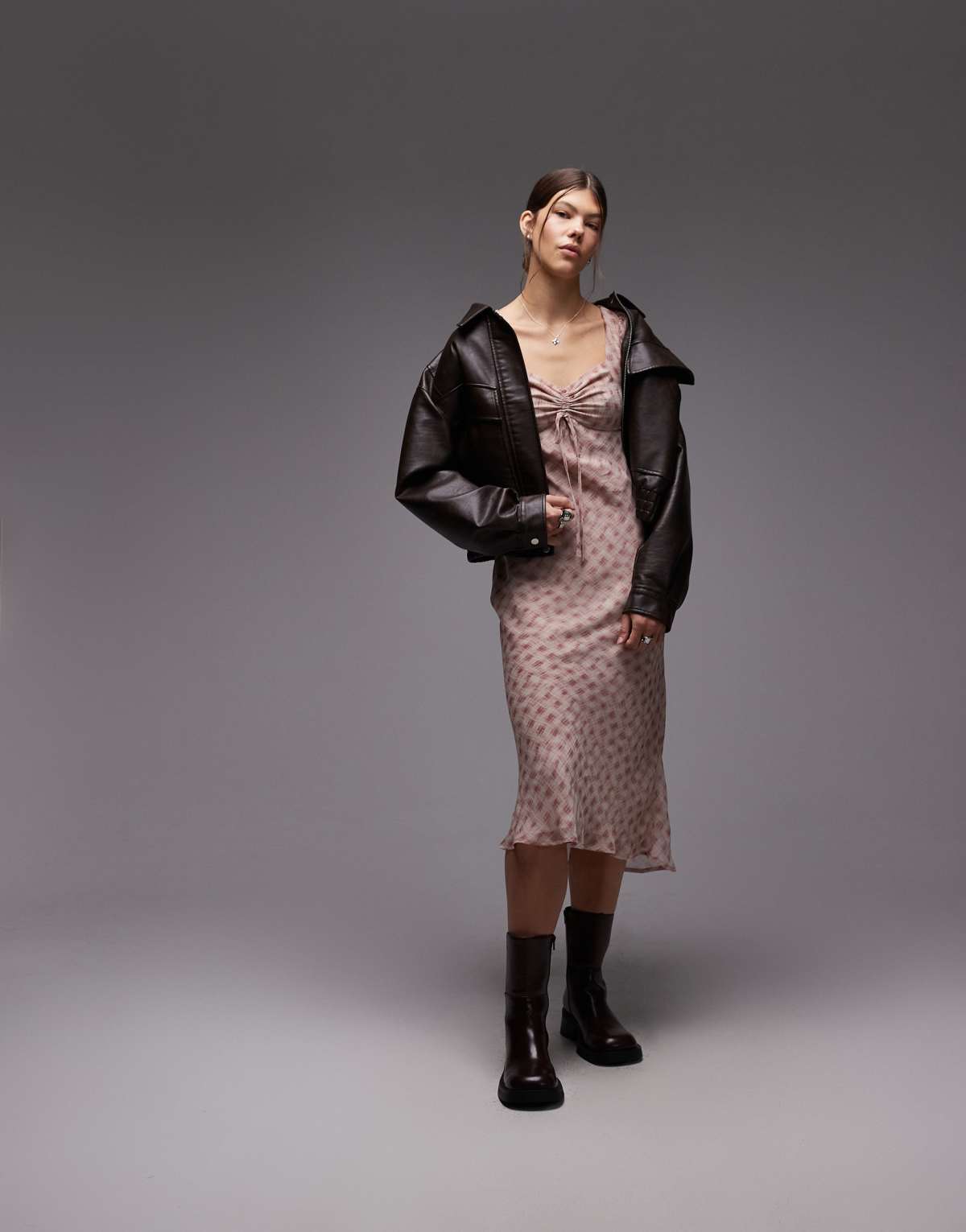 Emory Park check print long sleeve midaxi dress in dusty rose