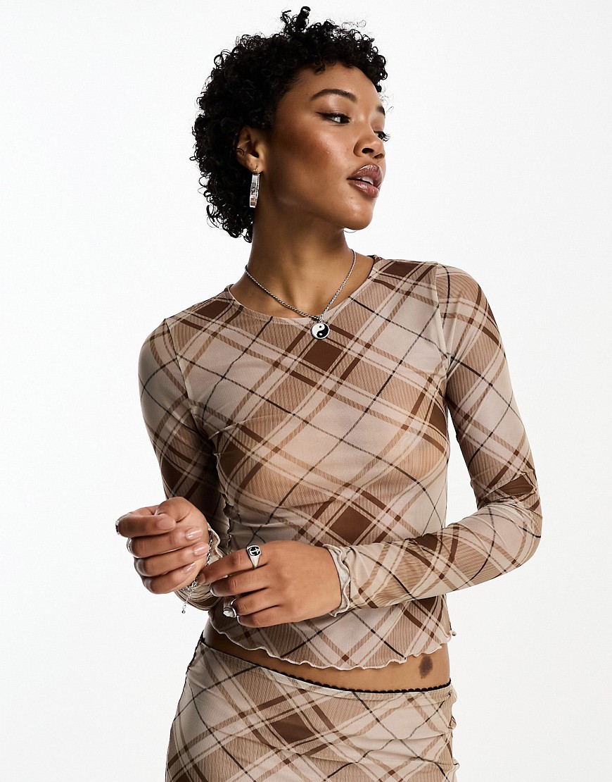 Emory Park checked mesh long sleeve top in brown