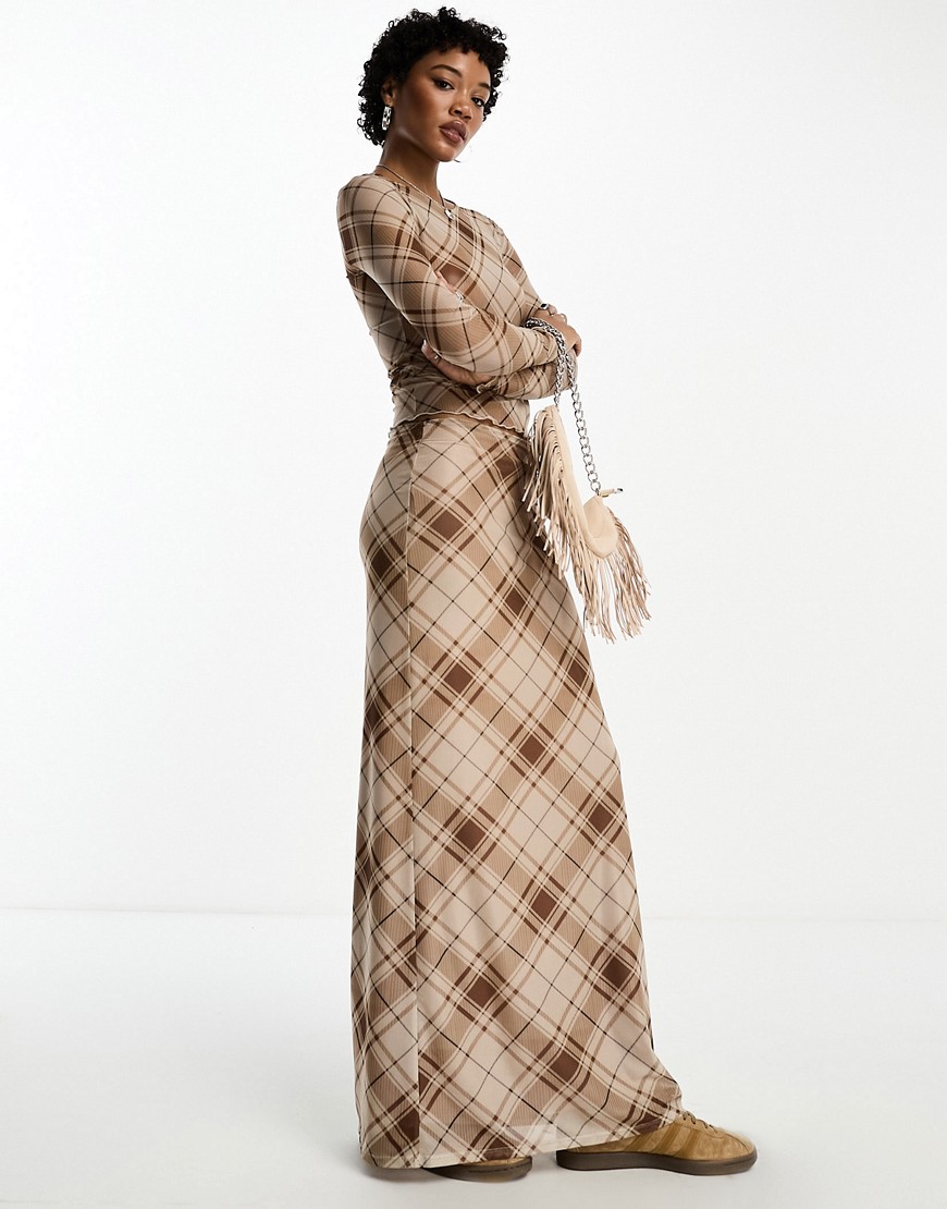 Emory Park checked mesh maxi column skirt in brown