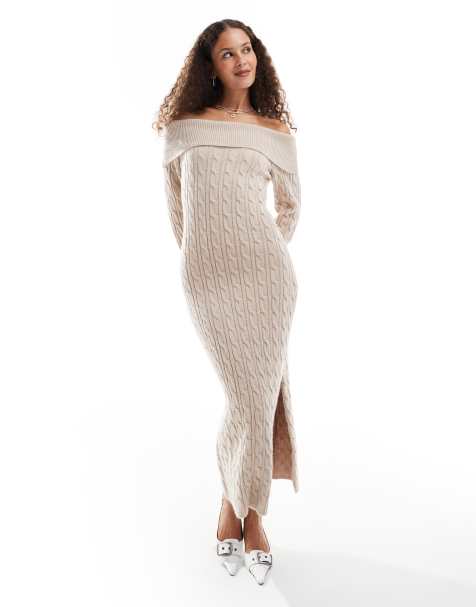 Emory Park chunky cable knit off-shoulder knitted mini dress in charcoal - view 1