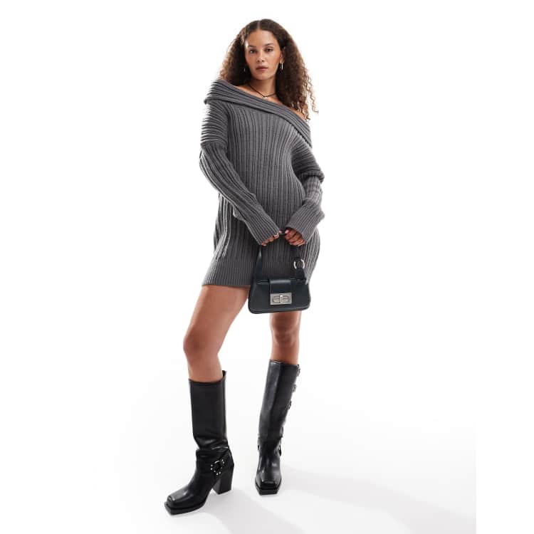 good american cable knit mini dress Emory Park chunky off-shoulder knitted in charcoal Dress midnight002