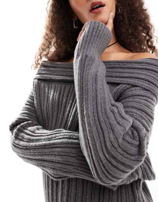Emory Park chunky cable knit off-shoulder knitted mini dress in charcoal, 2 of 4