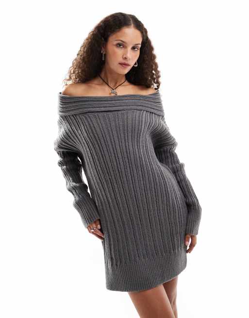 Emory Park chunky cable knit off-shoulder knitted mini dress in charcoal, 4 of 4