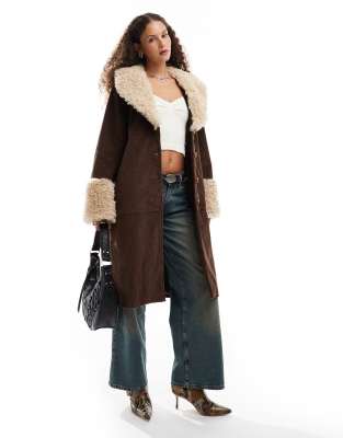 cord faux shearling longline coat in brown