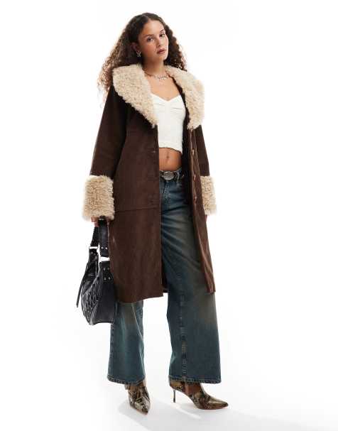 Emory Park cord faux shearling longline coat in brown - view 1