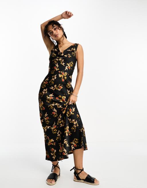 Emory Park cowl neck floral print satin midaxi dress in black | ASOS