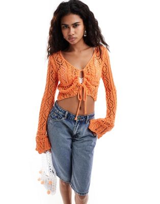 Emory Park Crochet Key Hole Cardigan In Orange