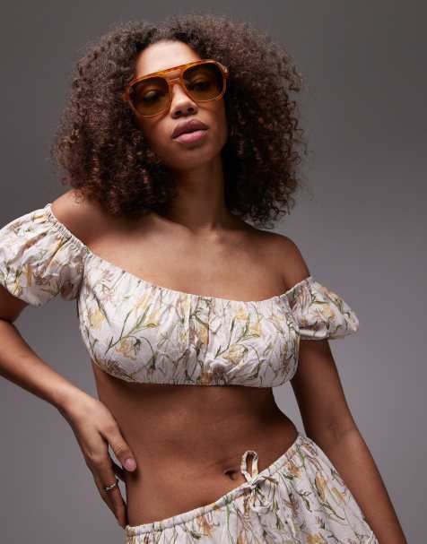 Emory Park - Crop top a fascia multicolore arricciato con stampa a fiori in coordinato - view 1