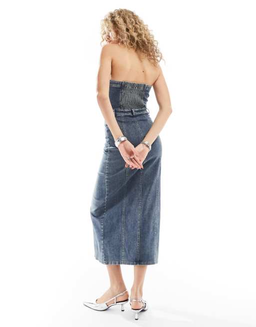 knee length dresses for ladies Medium Wash Strapless Denim Maxi Dress