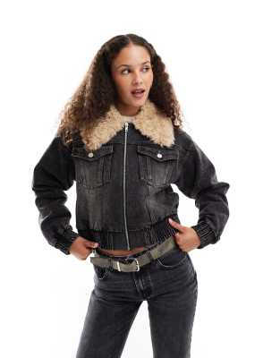 denim oversized bomber jacket with faux shearling in black