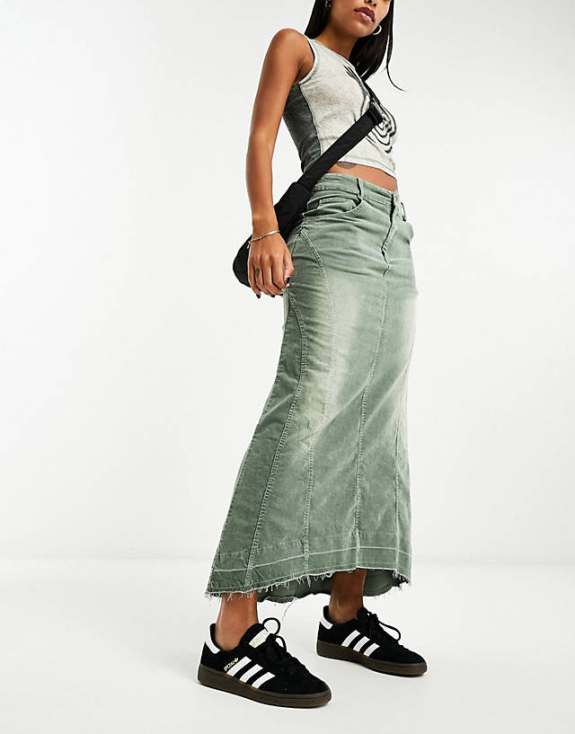 Emory Park - denim seam detail maxi skirt in olive green