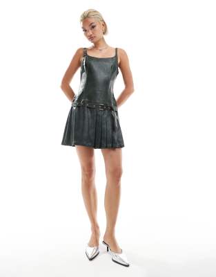 distressed faux leather pleated mini dress in dark green