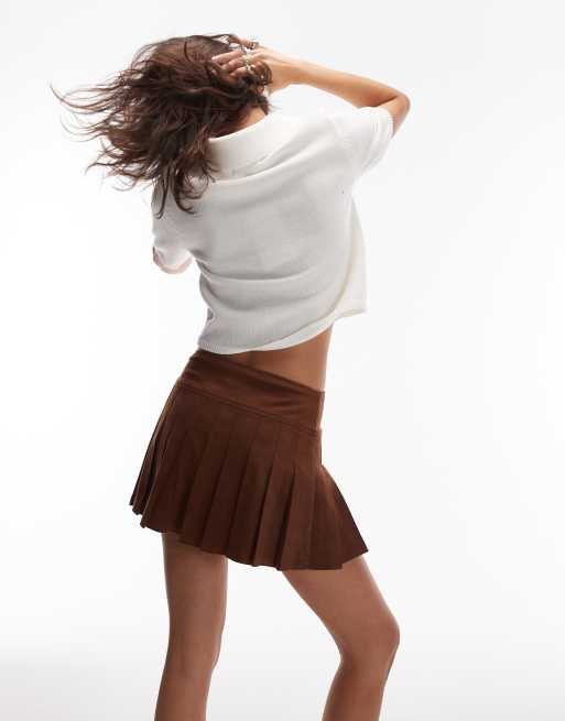 Emory Park faux suede pleated mini skort in chocolate, 4 of 5