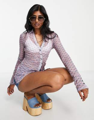 Emory Park Emory Park fitted longline Y2K shirt in sheer texture-Purple