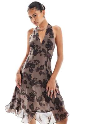 floral print halter neck midi dress in plum-Brown