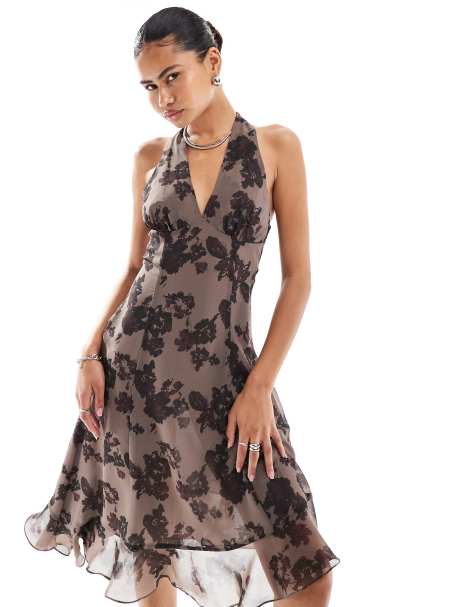 Emory Park floral print halter neck midi dress in plum - view 1