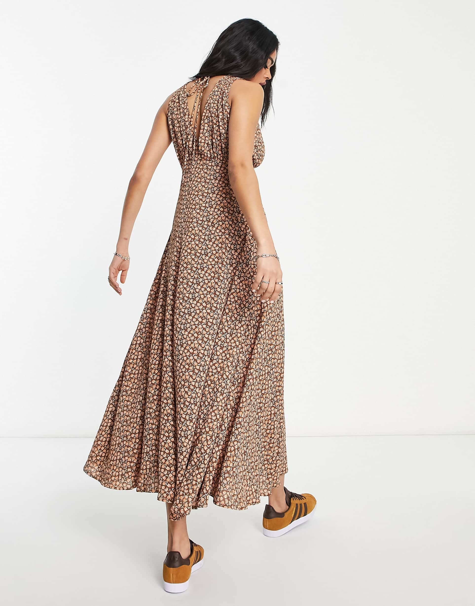 Emory Park floral vintage print plunge front satin maxi dress in brown view 3
