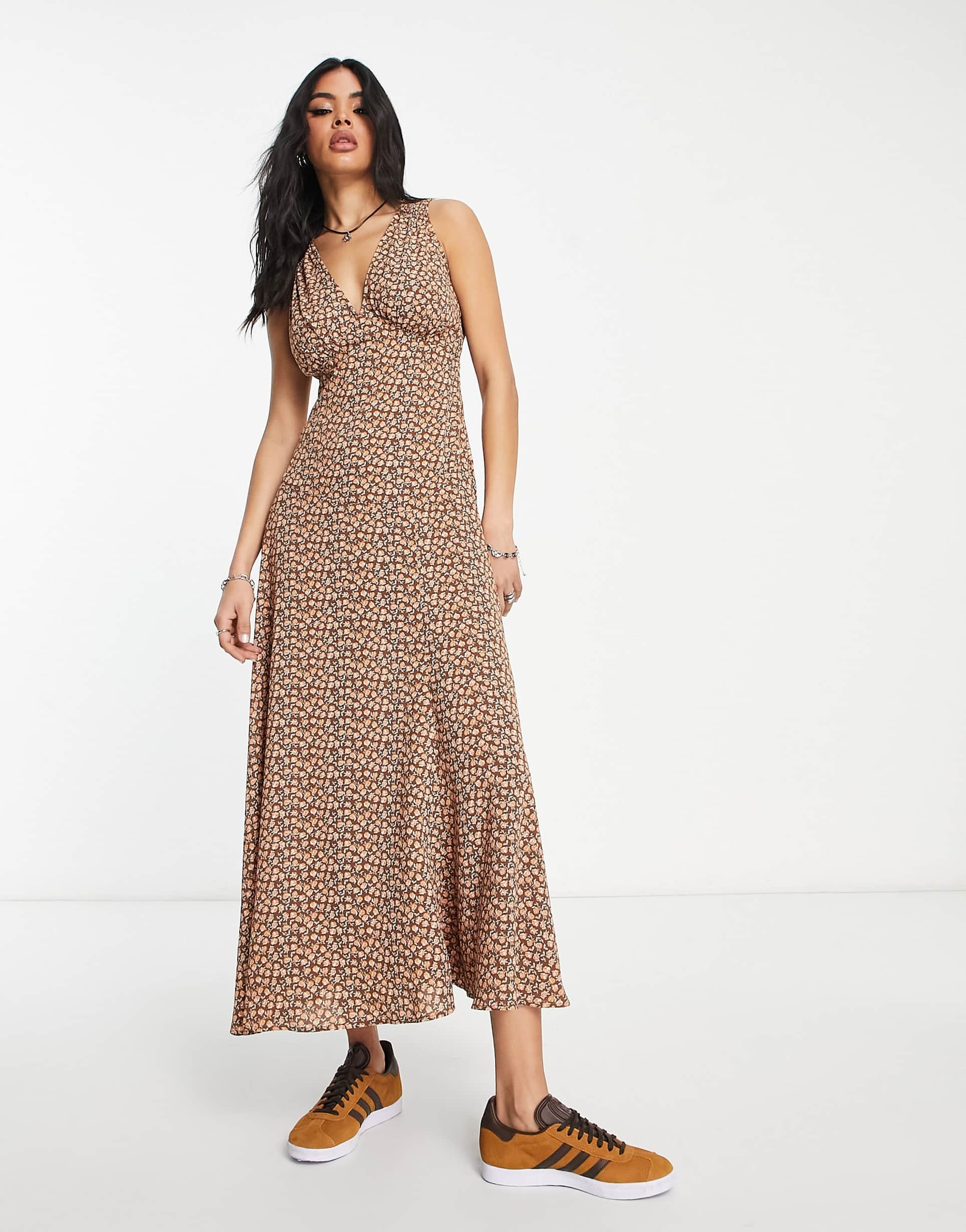 Emory Park floral vintage print plunge front satin maxi dress in brown