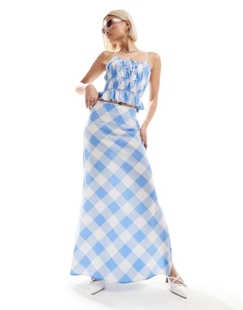 Emory Park - Geruite midi sliprok in blauw en wit, deel van co-ord set - view 1