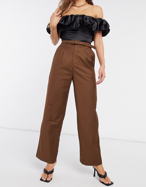 Emory Park high waist belted trousers in chocolate