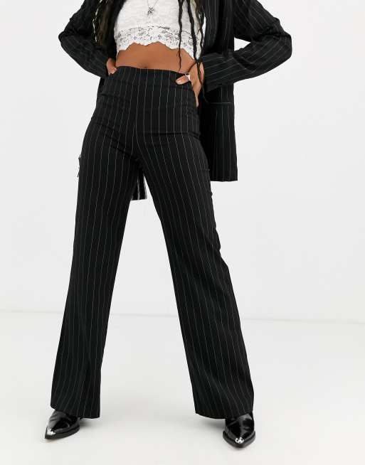 Black Pinstripe High Waist Straight Leg Pants