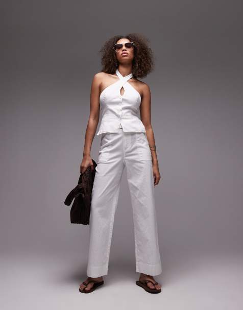 Emory Park belt detail wide leg linen trouser co-ord in white