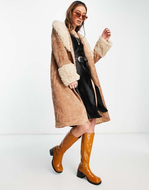 Emory Park longline coat with shaggy collar and cuffs in faux suede ASOS
