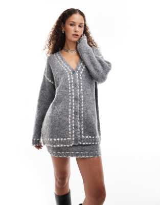 longline stitch detail cardigan in gray - part of a set