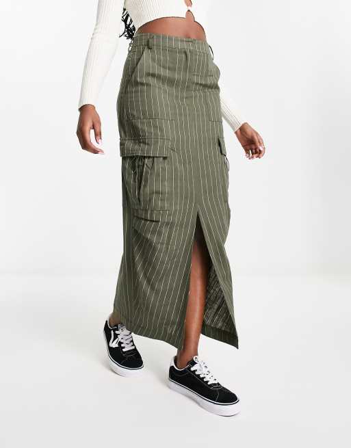 Emory Park – Midaxirock in Khaki mit Nadelstreifen und Cargotaschen, 4 von 4