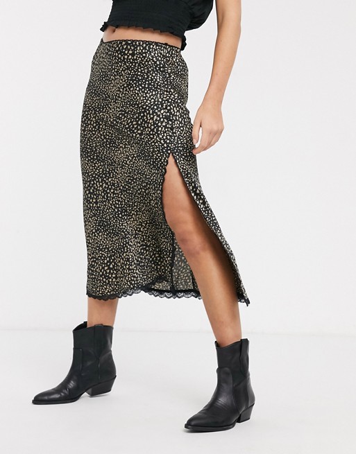 Emory Park midi skirt with lace trim in mini leopard