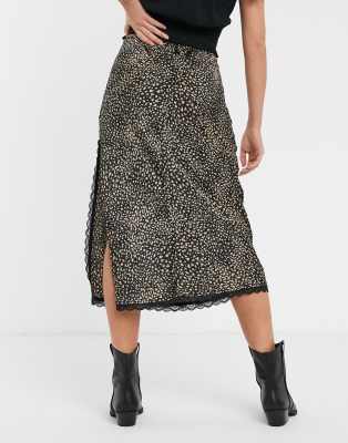 Leopard midi skirt lace trim sale