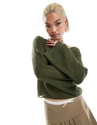 open back soft knit sweater in khaki-Green