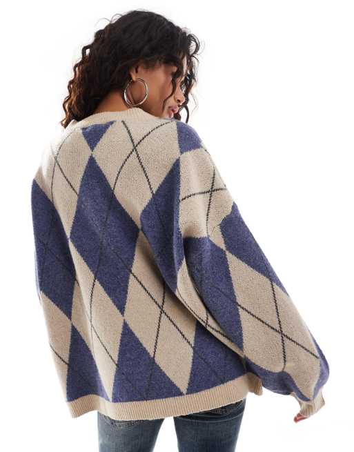 Emory Park oversized v-neck argyle jumper in blue , 3 of 4