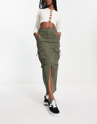Emory Park pinstripe cargo midaxi skirt in khaki