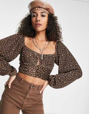 Emory Park plisse tie front blouse in brown floral | ASOS