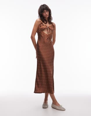 Emory Park Polka Dot Cut-out Detail Satin Midaxi Dress In Brown
