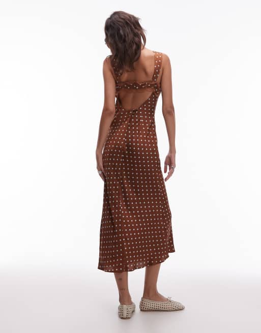 Emory Park polka dot cut-out detail satin midaxi dress in cocoa brown