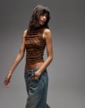 [Emory Park] Emory Park polka dot sheer high neck top in brown S Brown polka dot