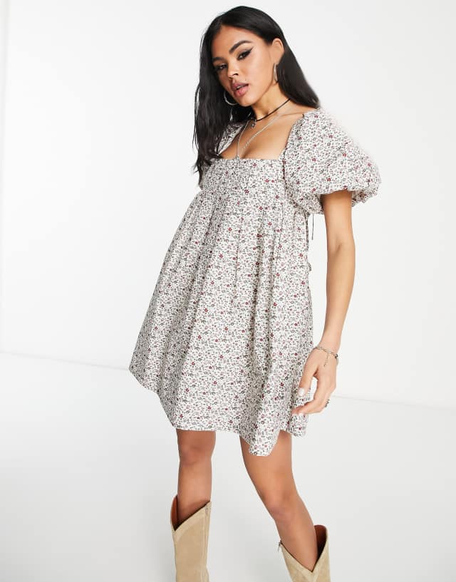 Emory Park puff sleeve ditsy mini smock dress in red rose floral