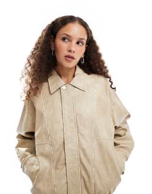 relaxed faux leather bomber jacket in beige-Neutral