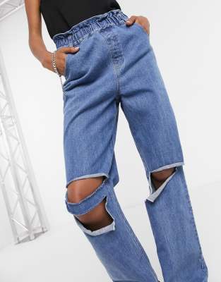 Emory Park relaxed jeans with ripped knees and paper bag waist-Blue