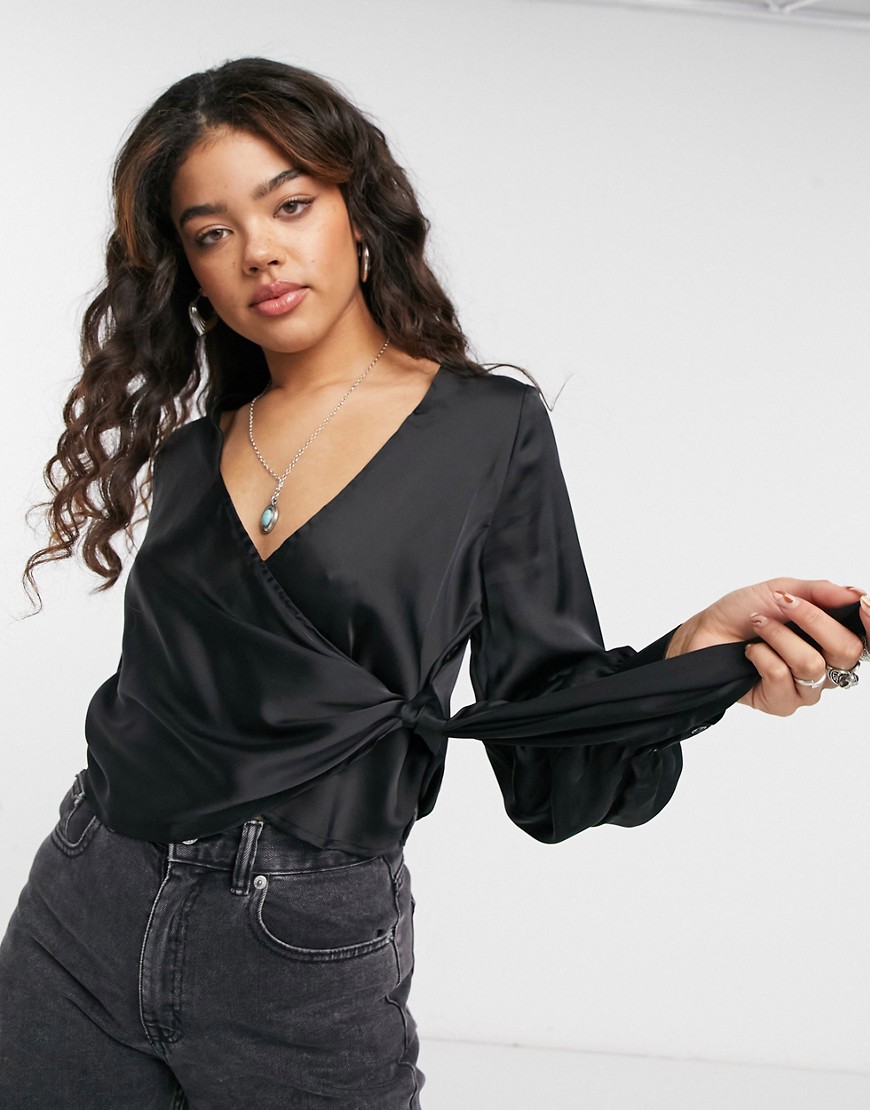 Emory Park relaxed wrap blouse in satin-Black
