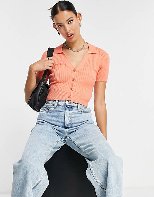 Emory Park ribbed crop top with button front and collar detail in orange
