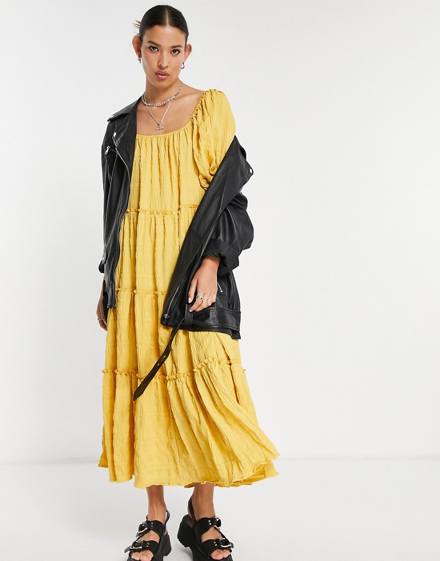 Emory Park - Robe babydoll longue avec jupe effet étagé en tissu texturé-Jaune