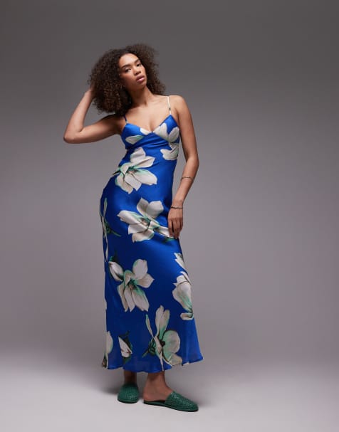 Emory Park - Robe caraco longue en satin à grosses fleurs - Bleu cobalt - view 1