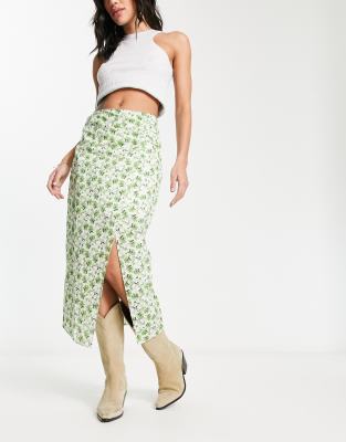 ruched side split detail midi skirt in green floral